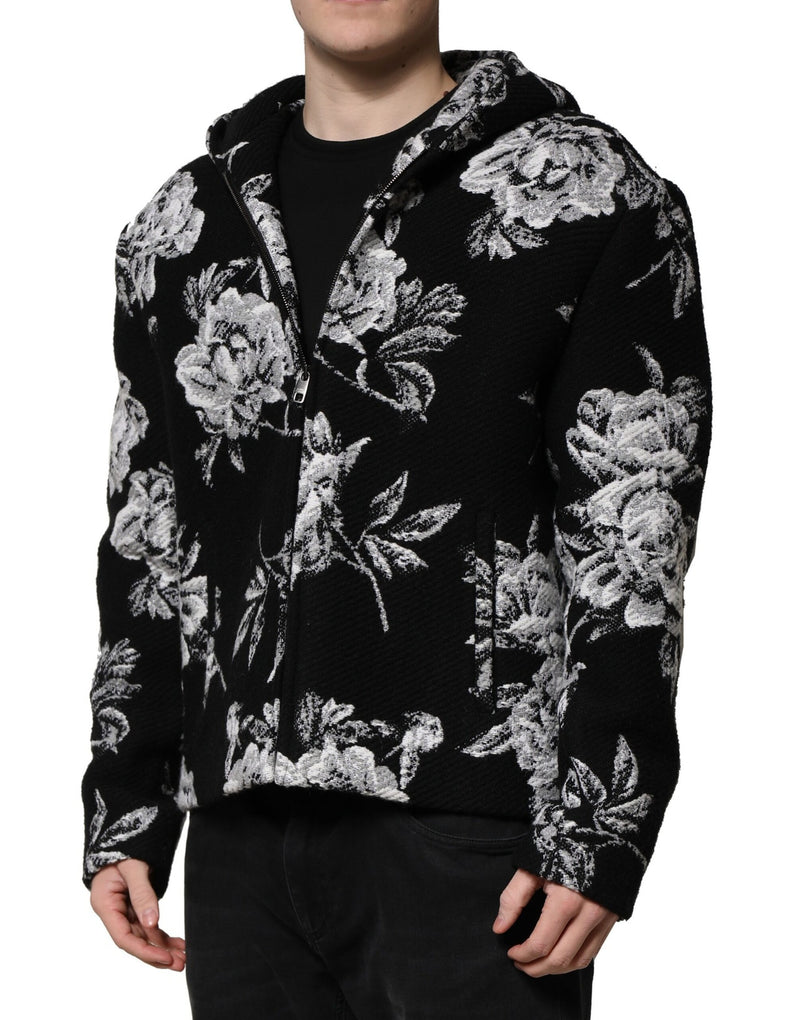 Veste à capuche pour homme en laine noire à imprimé floral de Dolce & Gabbana