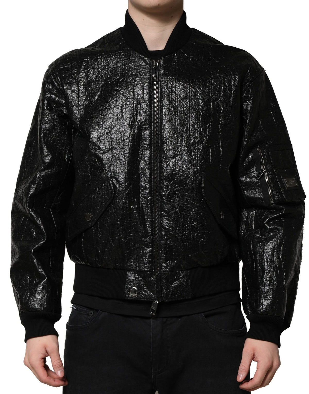 Veste bomber à fermeture éclair intégrale Dolce & Gabbana noire avec plaque de logo.