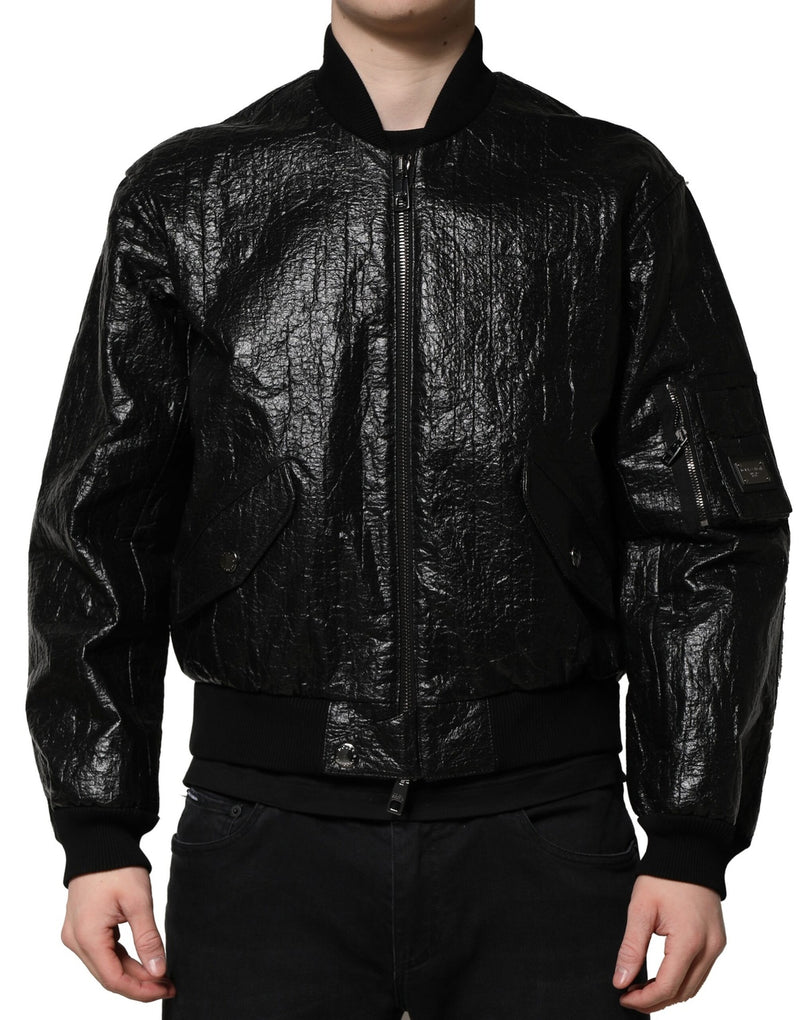 Veste bomber à fermeture éclair intégrale Dolce & Gabbana noire avec plaque de logo.