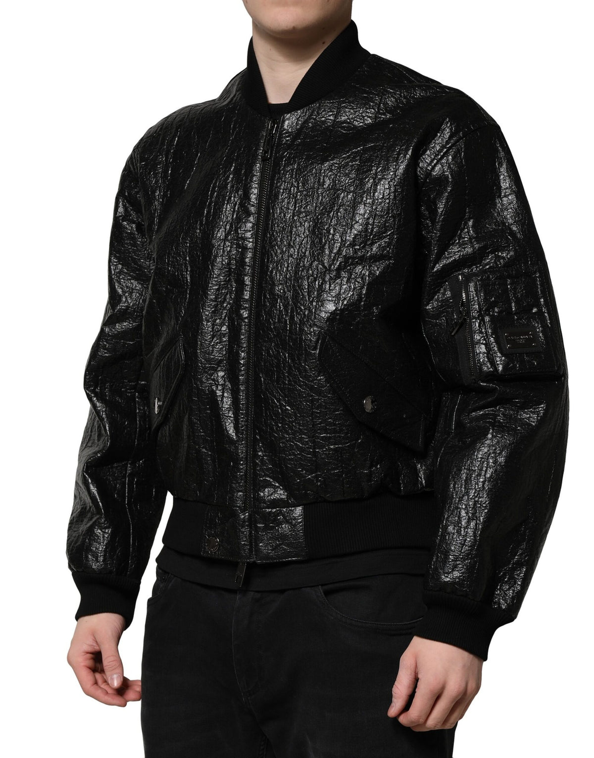 Veste bomber à fermeture éclair intégrale Dolce & Gabbana noire avec plaque de logo.