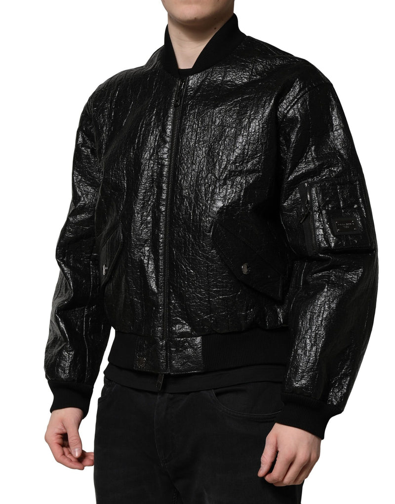 Veste bomber à fermeture éclair intégrale Dolce & Gabbana noire avec plaque de logo.
