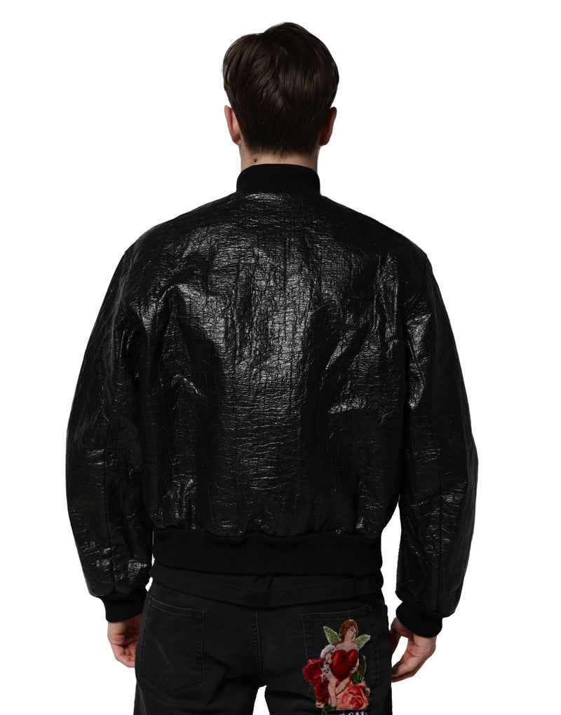 Veste bomber à fermeture éclair intégrale Dolce & Gabbana noire avec plaque de logo.