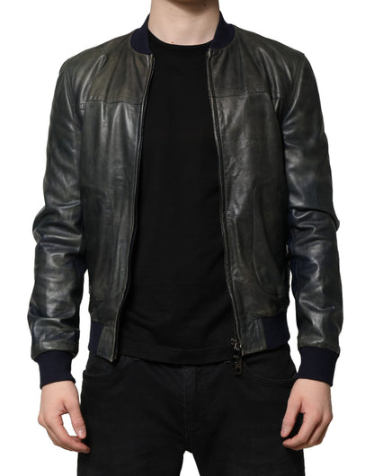 Dolce & Gabbana Black Lambskin Leather Biker Full Zip Jacket