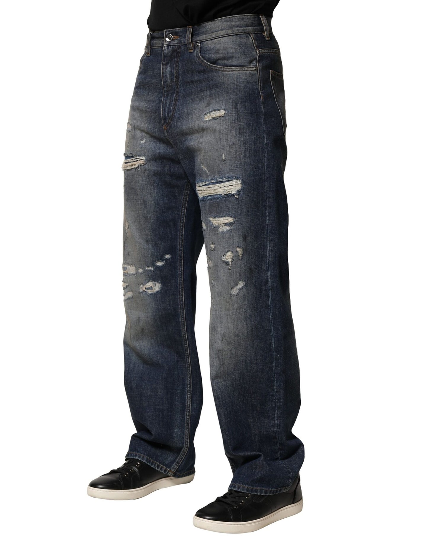 Dolce & Gabbana Blue Washed Tattered Cotton Men Jeans