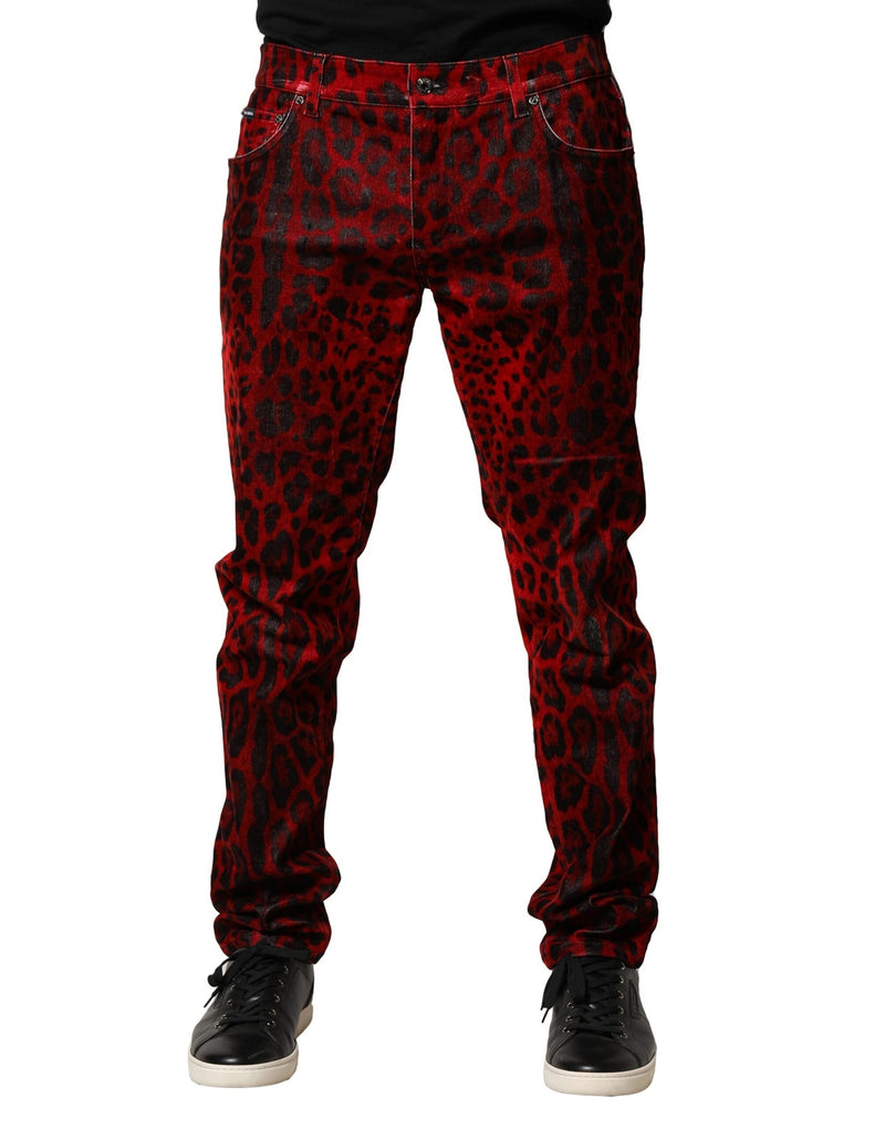 Jeans skinny en coton à imprimé léopard rouge de Dolce &amp; Gabbana