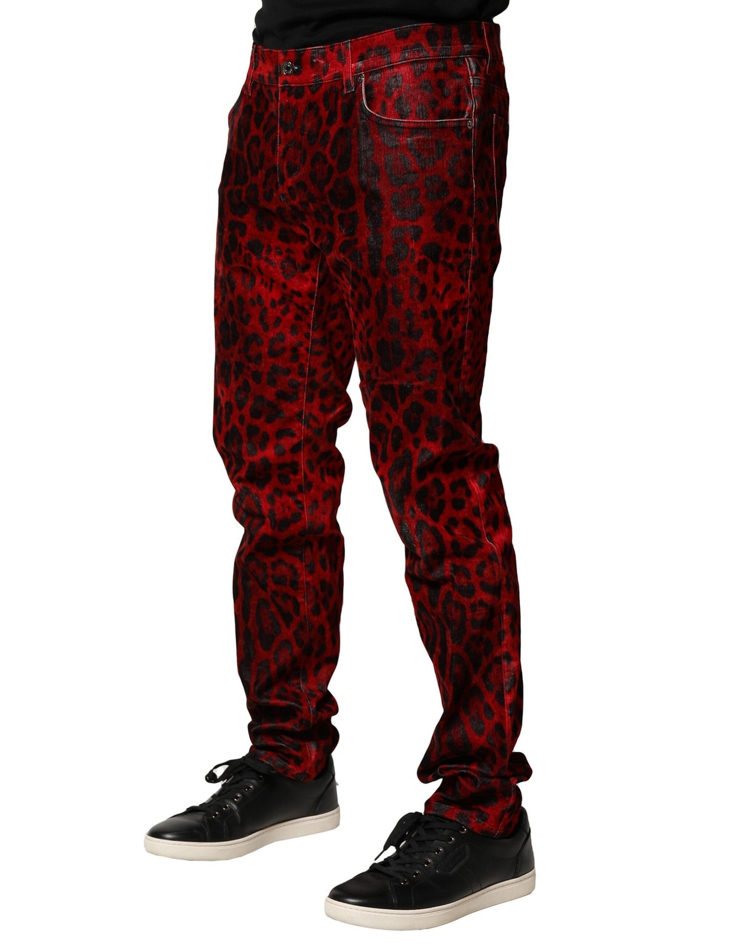 Dolce & Gabbana Red Leopard Print Cotton Skinny Denim Jeans
