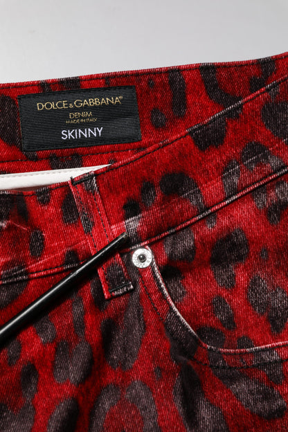 Dolce & Gabbana Red Leopard Print Cotton Skinny Denim Jeans
