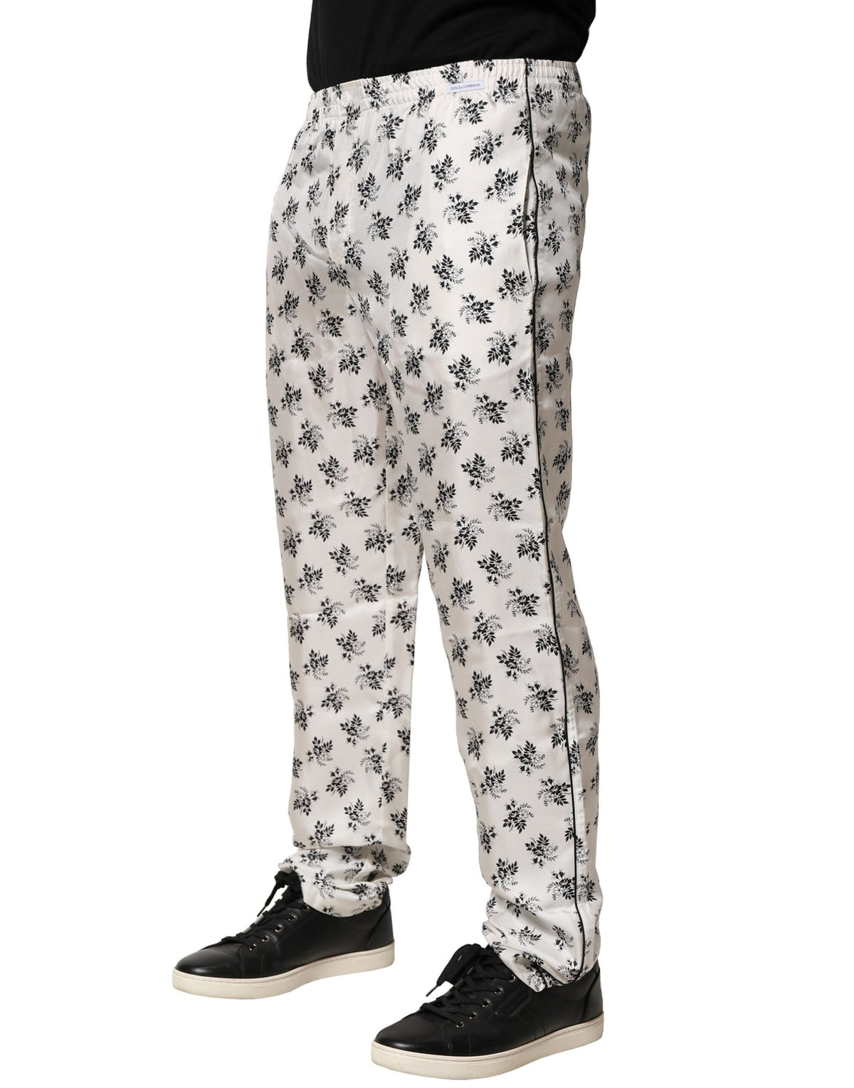 Pantalon de détente en soie à motifs floraux blancs de Dolce &amp; Gabbana