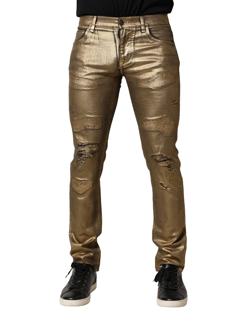 Dolce &amp; Gabbana gouden, versleten, strakke spijkerbroek van stretch katoen
