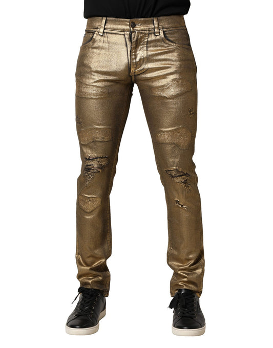Jeans slim en coton stretch délavé doré Dolce &amp; Gabbana