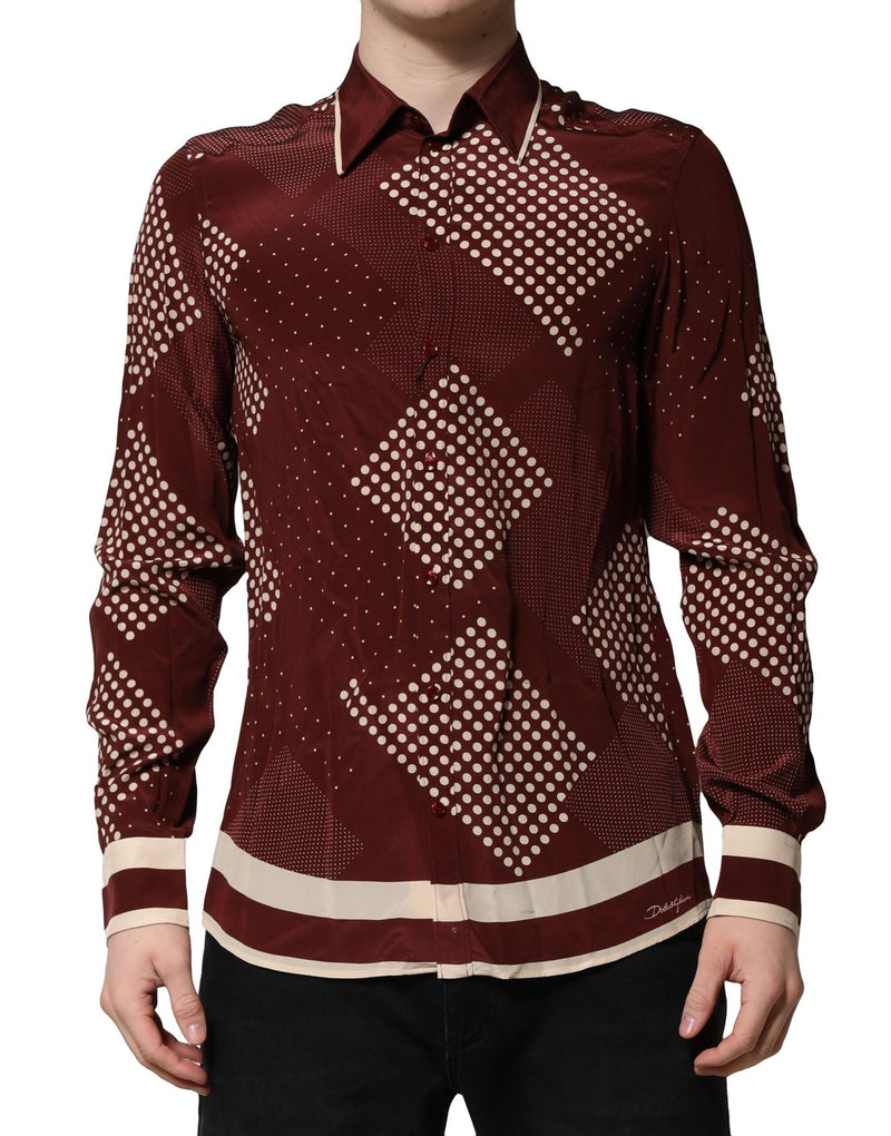 Chemise casual à manches longues en soie marron à pois de Dolce &amp; Gabbana
