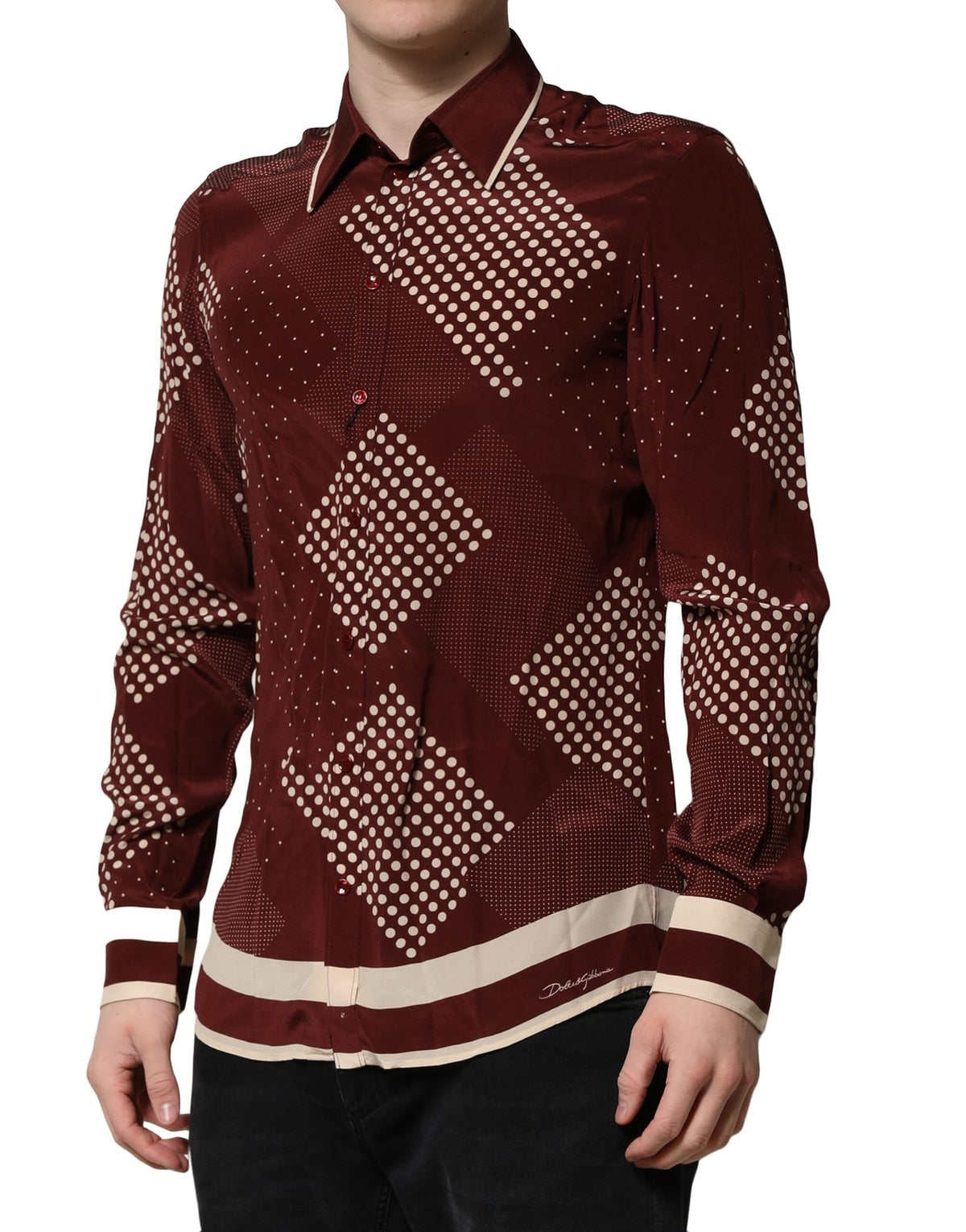 Chemise casual à manches longues en soie marron à pois de Dolce &amp; Gabbana