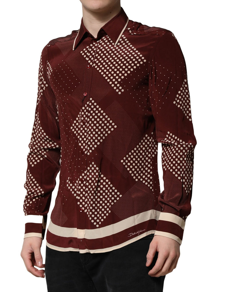 Chemise casual à manches longues en soie marron à pois de Dolce &amp; Gabbana
