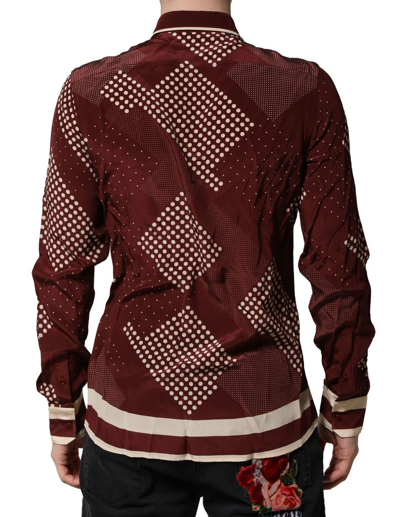 Chemise casual à manches longues en soie marron à pois de Dolce &amp; Gabbana