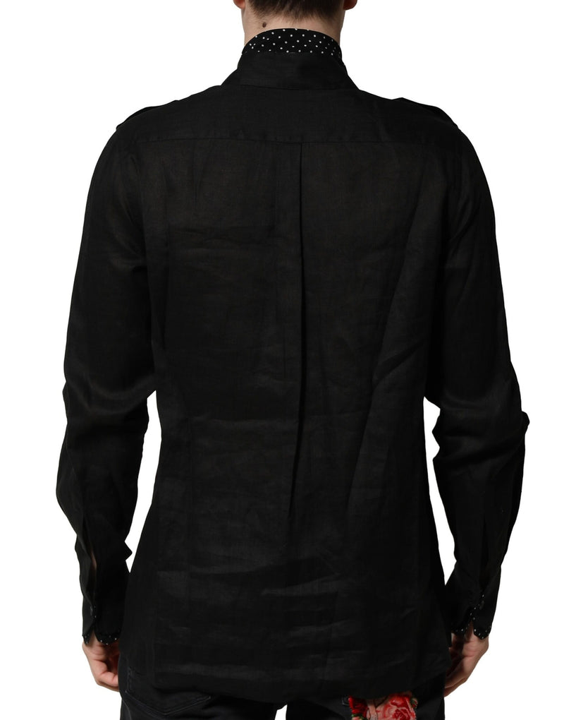 Chemise homme décontractée en lin et soie noire à pois de Dolce &amp; Gabbana