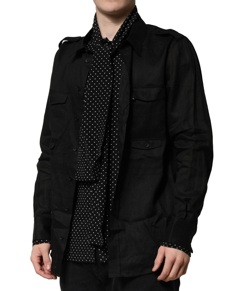 Chemise homme décontractée en lin et soie noire à pois de Dolce &amp; Gabbana