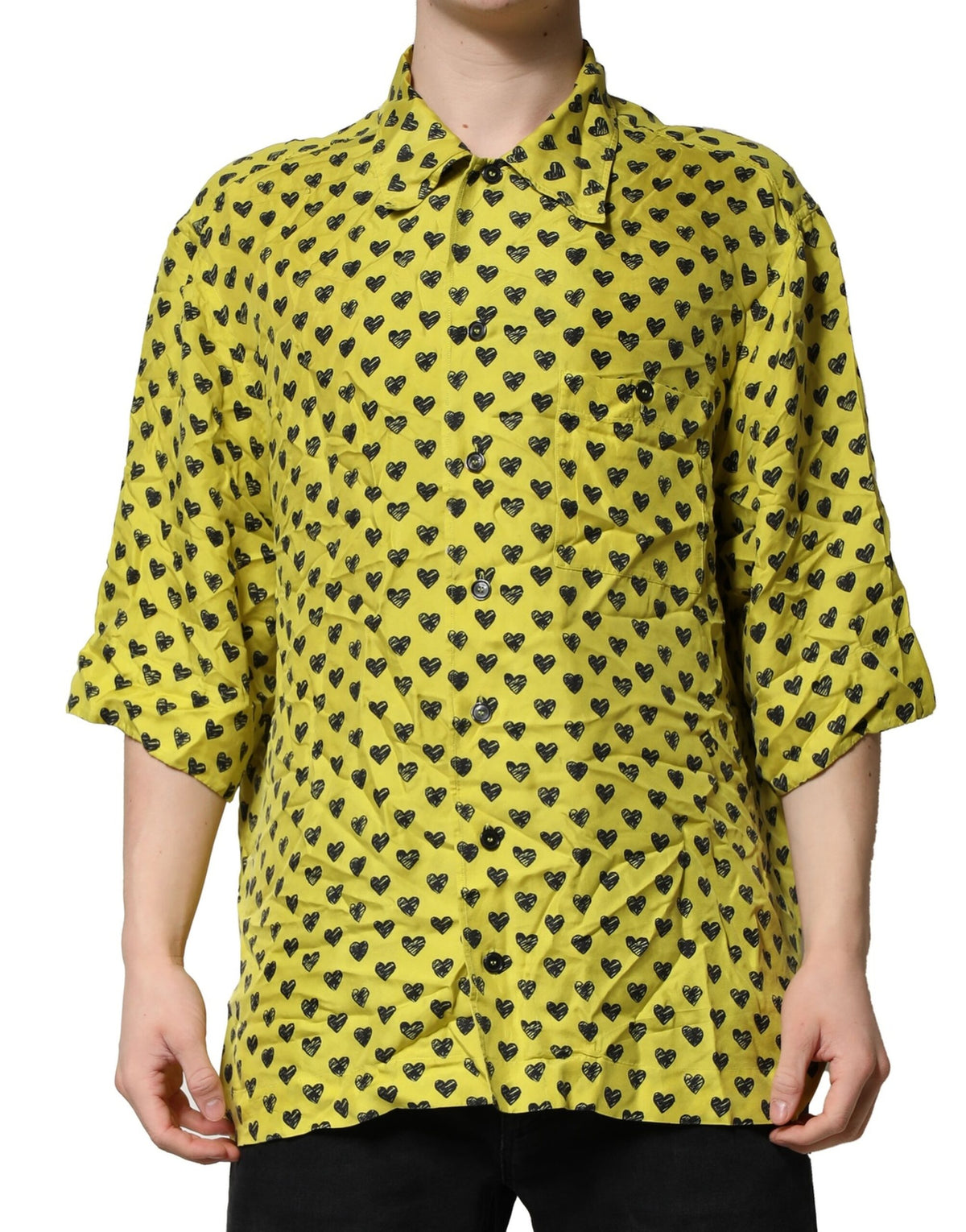 Chemise décontractée à manches courtes pour homme Dolce &amp; Gabbana, motif cœur jaune.