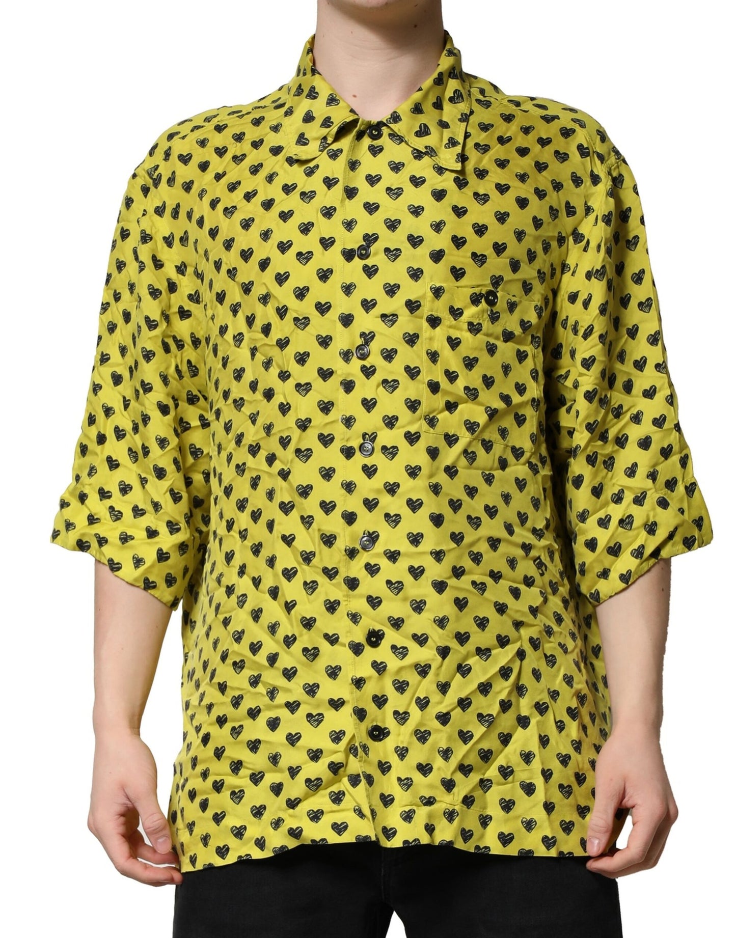 Dolce & Gabbana Yellow Heart Short Sleeves Men Casual Shirt