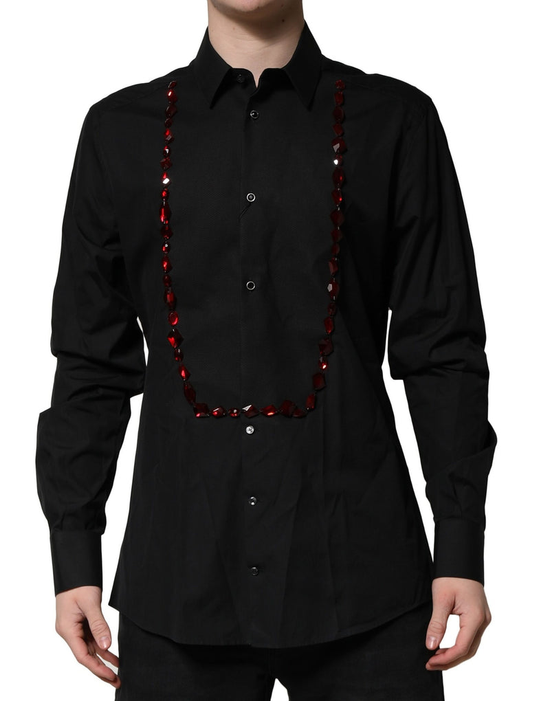 Chemise habillée homme Dolce &amp; Gabbana, noire, détail cristal doré.