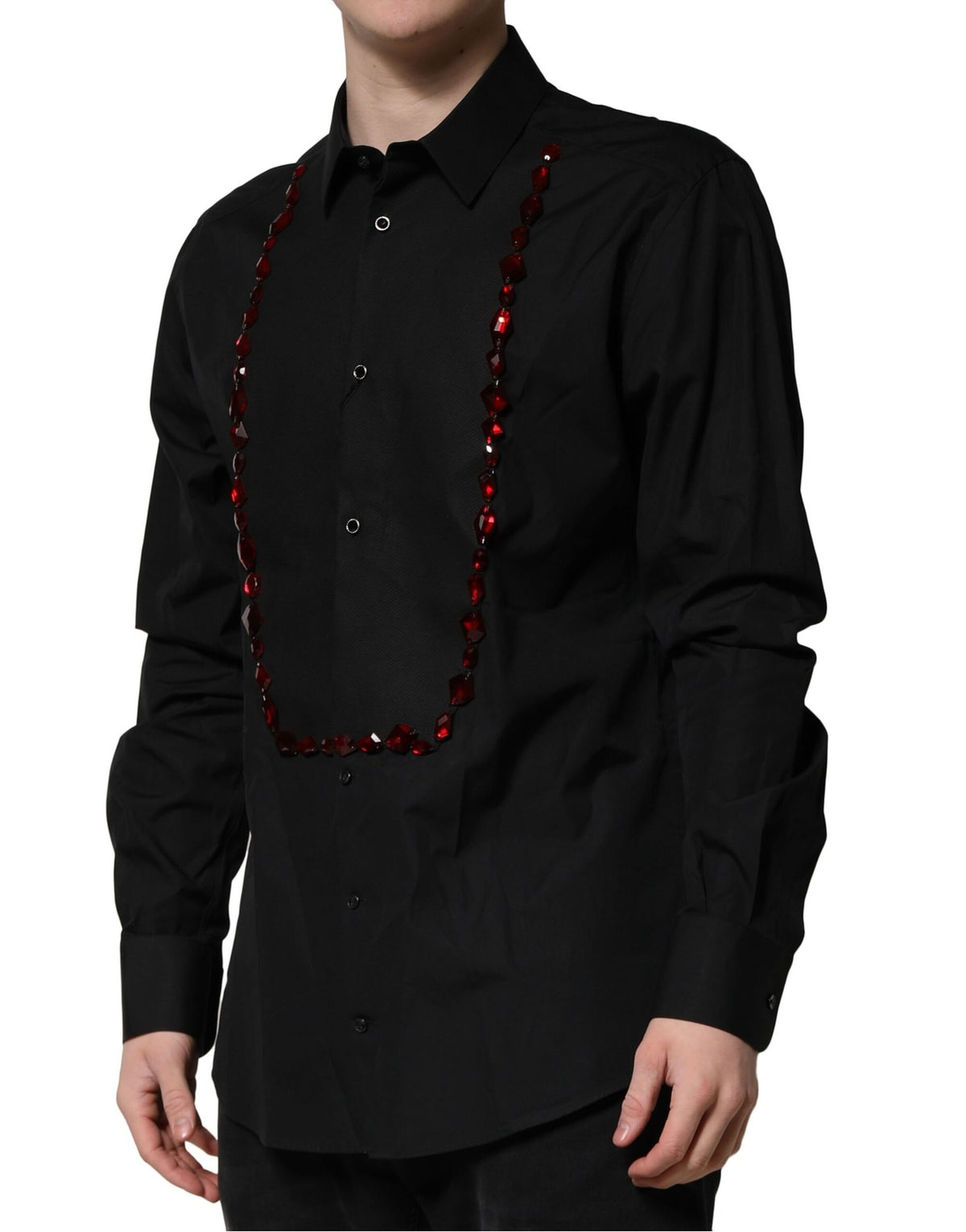Chemise habillée homme Dolce &amp; Gabbana, noire, détail cristal doré.