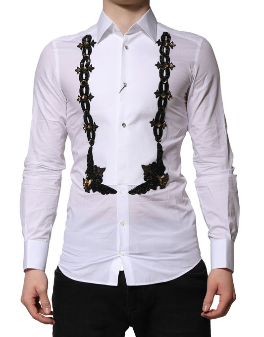 Chemise de cérémonie pour homme Dolce &amp; Gabbana blanche, ornée de paillettes dorées.