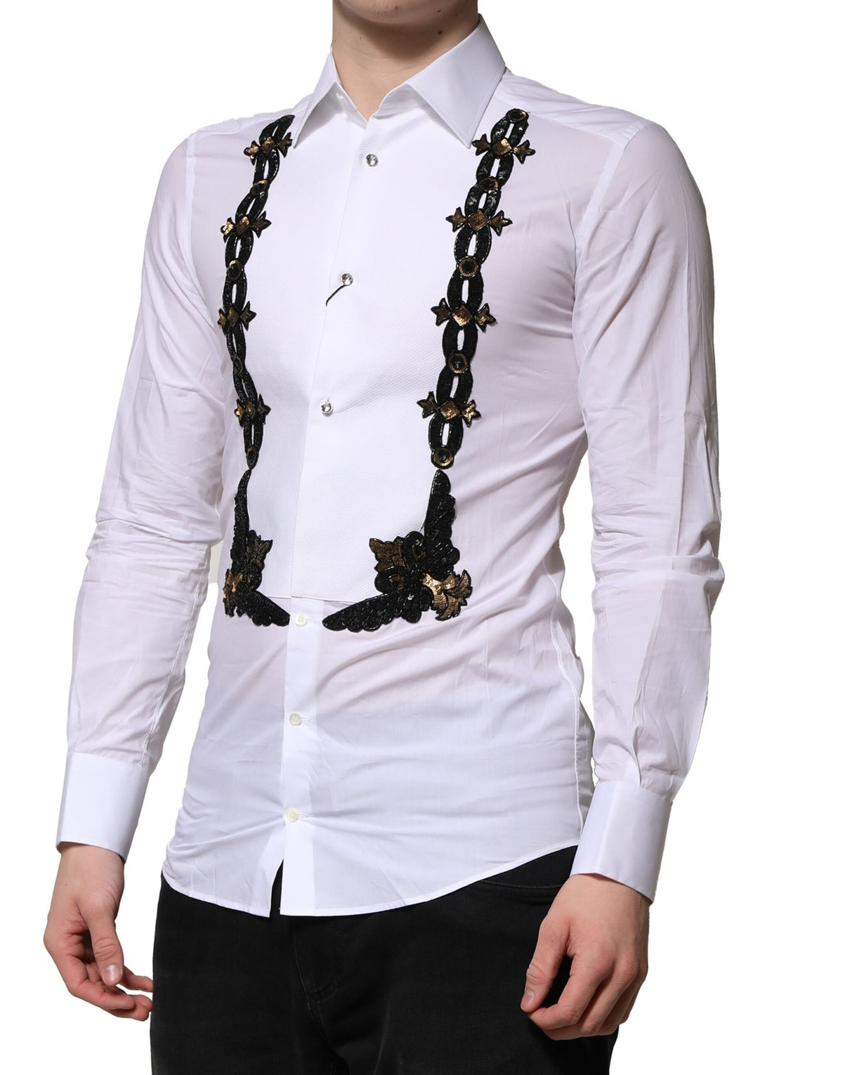 Chemise de cérémonie pour homme Dolce &amp; Gabbana blanche, ornée de paillettes dorées.