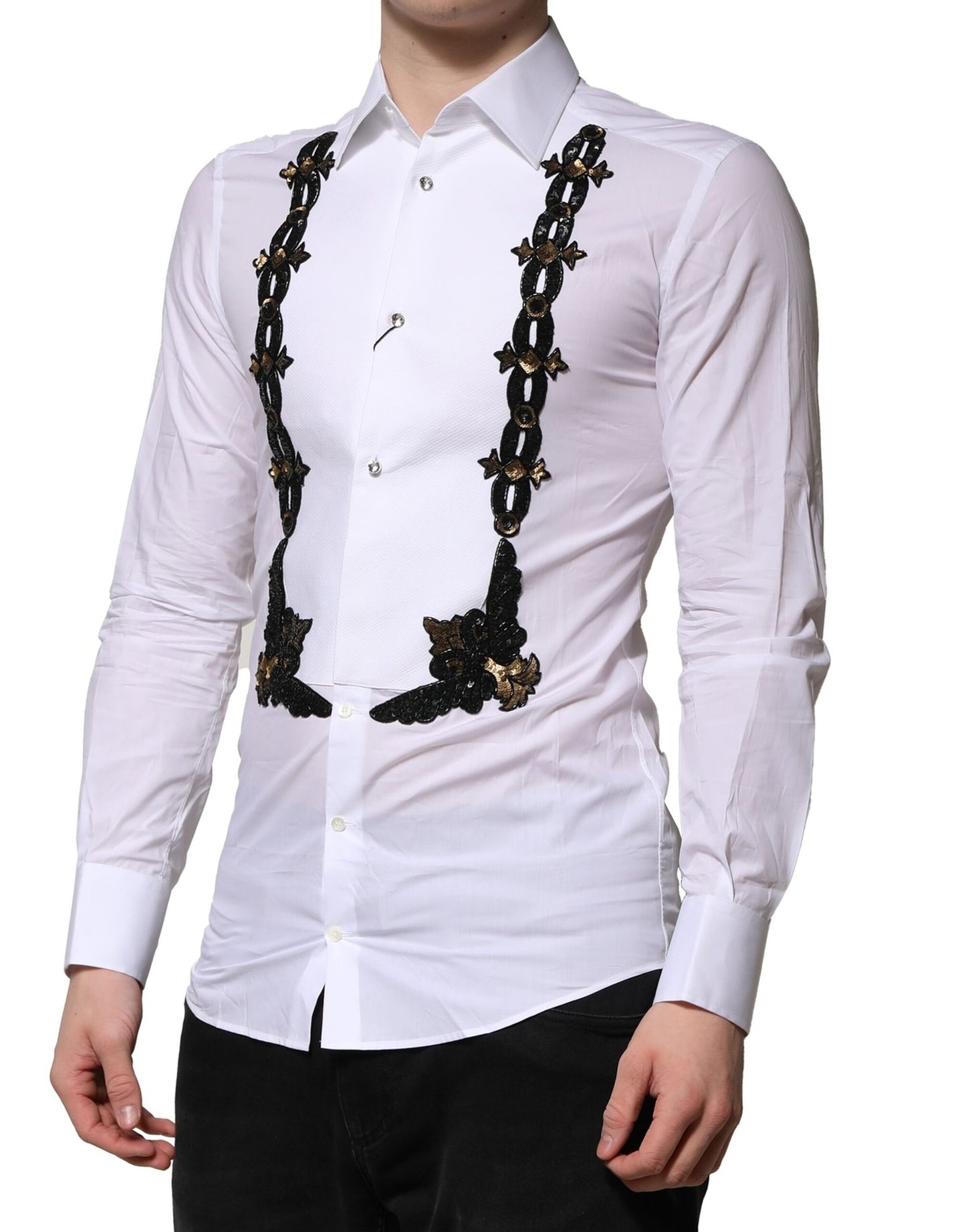 Chemise de cérémonie pour homme Dolce & Gabbana blanche, ornée de paillettes dorées.