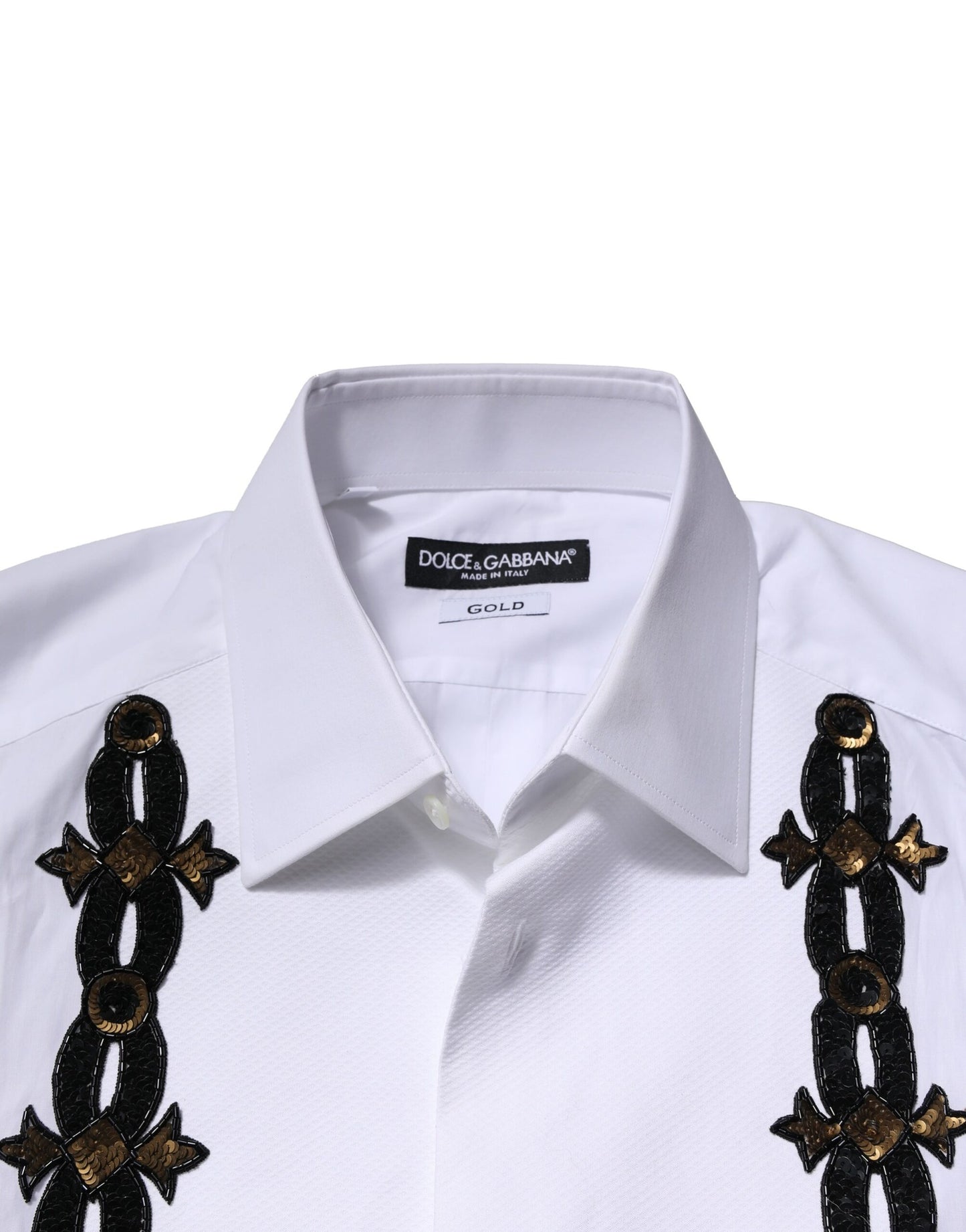 Chemise de cérémonie pour homme Dolce & Gabbana blanche, ornée de paillettes dorées.