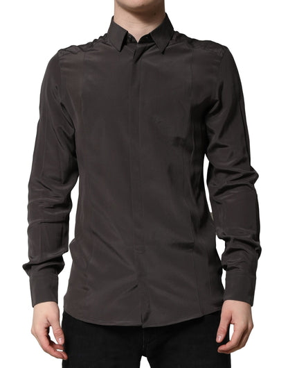 Chemise habillée pour homme en soie marron foncé dorée Dolce &amp; Gabbana
