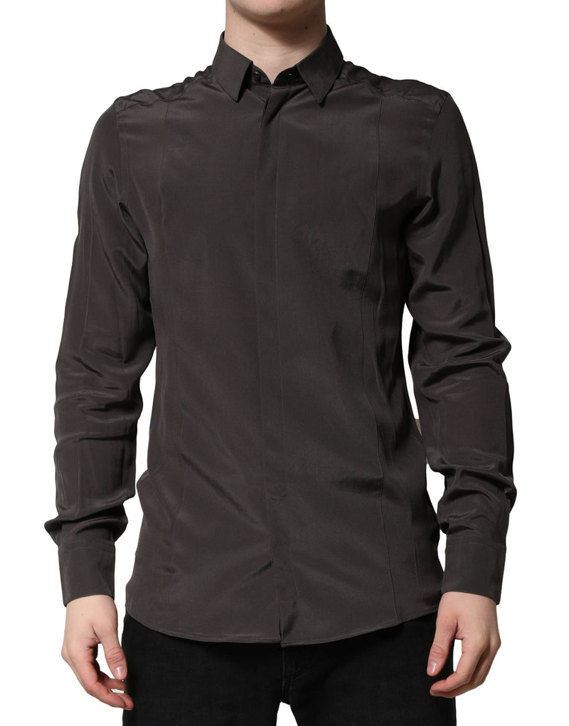 Dolce &amp; Gabbana donkerbruin zijden heren overhemd, goudkleurig, formeel.