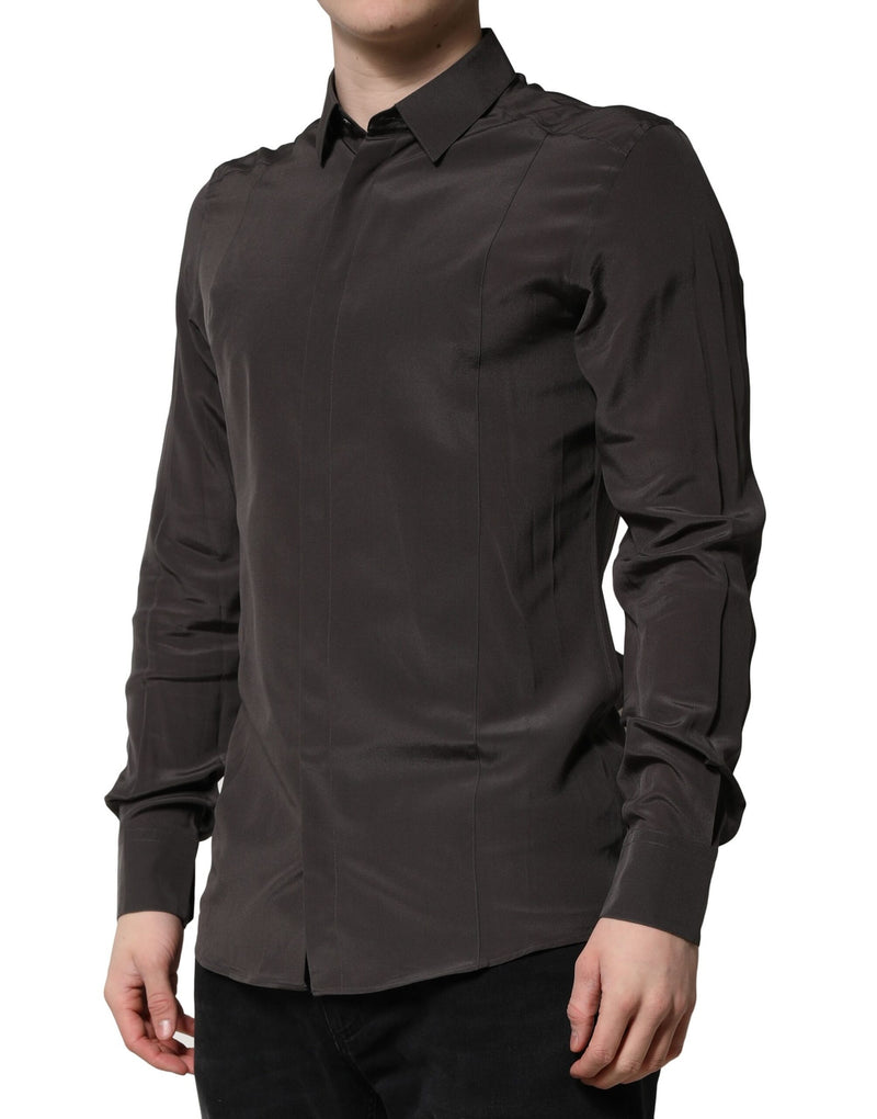 Dolce &amp; Gabbana donkerbruin zijden heren overhemd, goudkleurig, formeel.