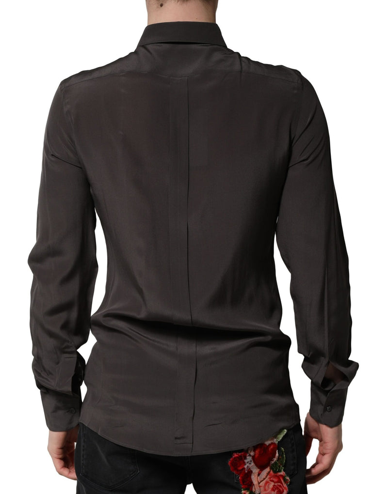 Dolce &amp; Gabbana donkerbruin zijden heren overhemd, goudkleurig, formeel.