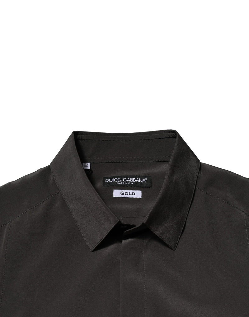 Dolce &amp; Gabbana donkerbruin zijden heren overhemd, goudkleurig, formeel.