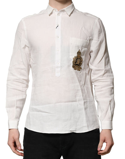 Dolce &amp; Gabbana witte jurk met DG-kroonversiering, formele overslagblouse.