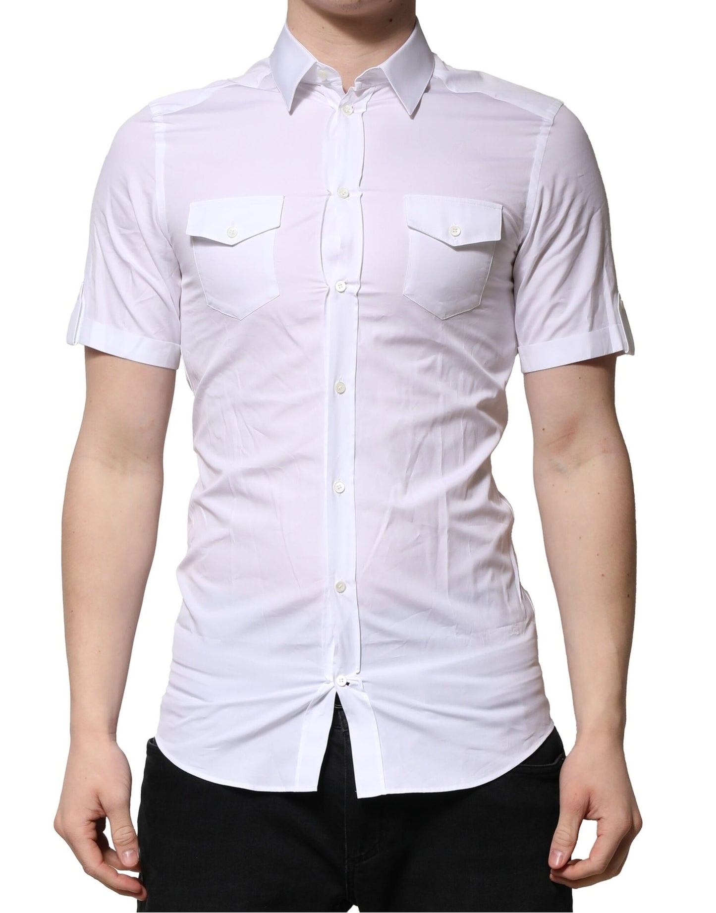 Dolce &amp; Gabbana wit katoenen overhemd met korte mouwen, casual model, goudkleurig.