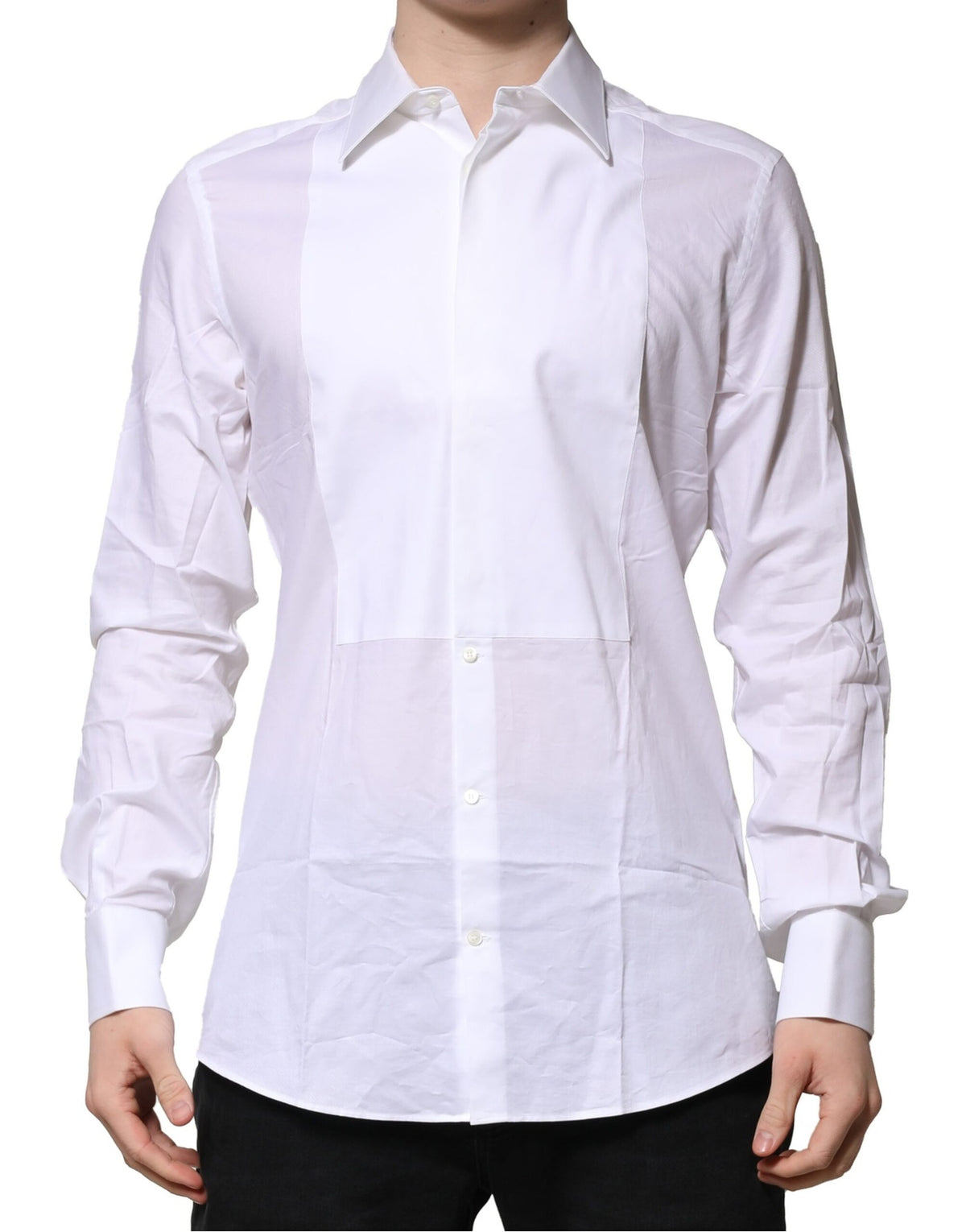 Chemise habillée pour homme en popeline de coton blanche à collet italien de Dolce &amp; Gabbana, dorée.