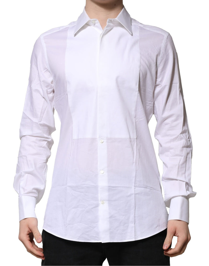 Chemise habillée pour homme en popeline de coton blanche à collet italien de Dolce &amp; Gabbana, dorée.