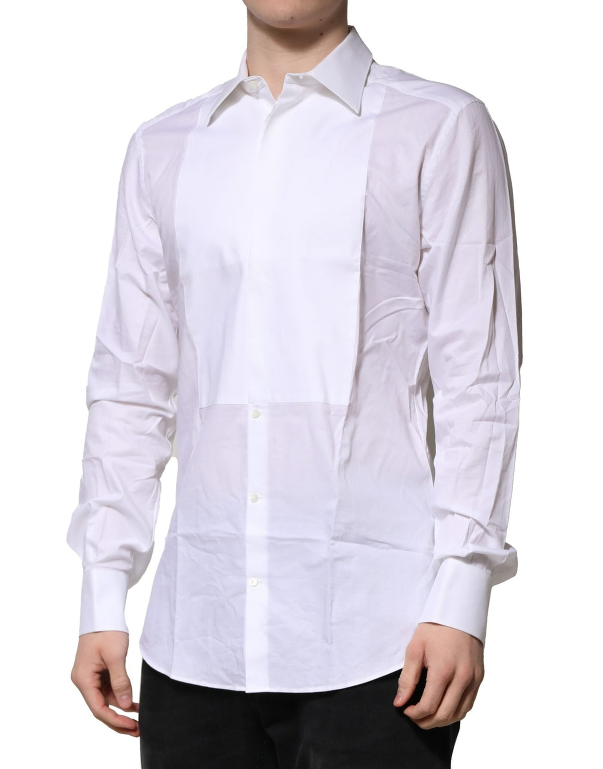 Chemise habillée pour homme en popeline de coton blanche à collet italien de Dolce &amp; Gabbana, dorée.