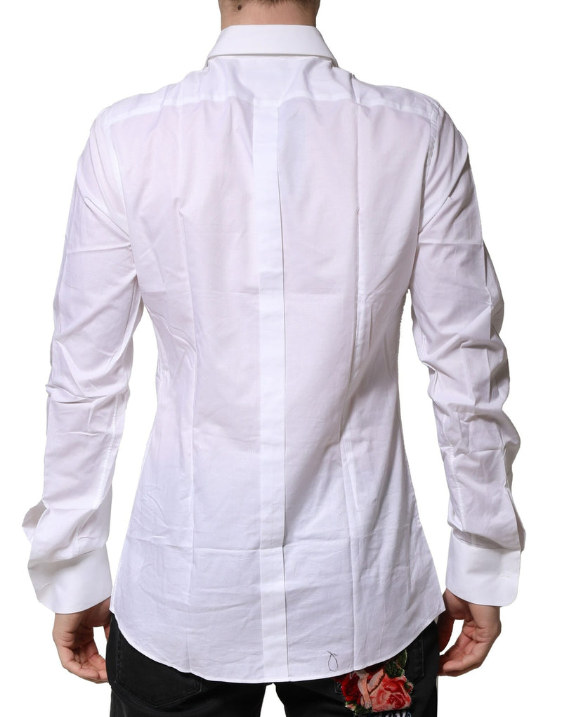 Chemise habillée pour homme en popeline de coton blanche à collet italien de Dolce &amp; Gabbana, dorée.