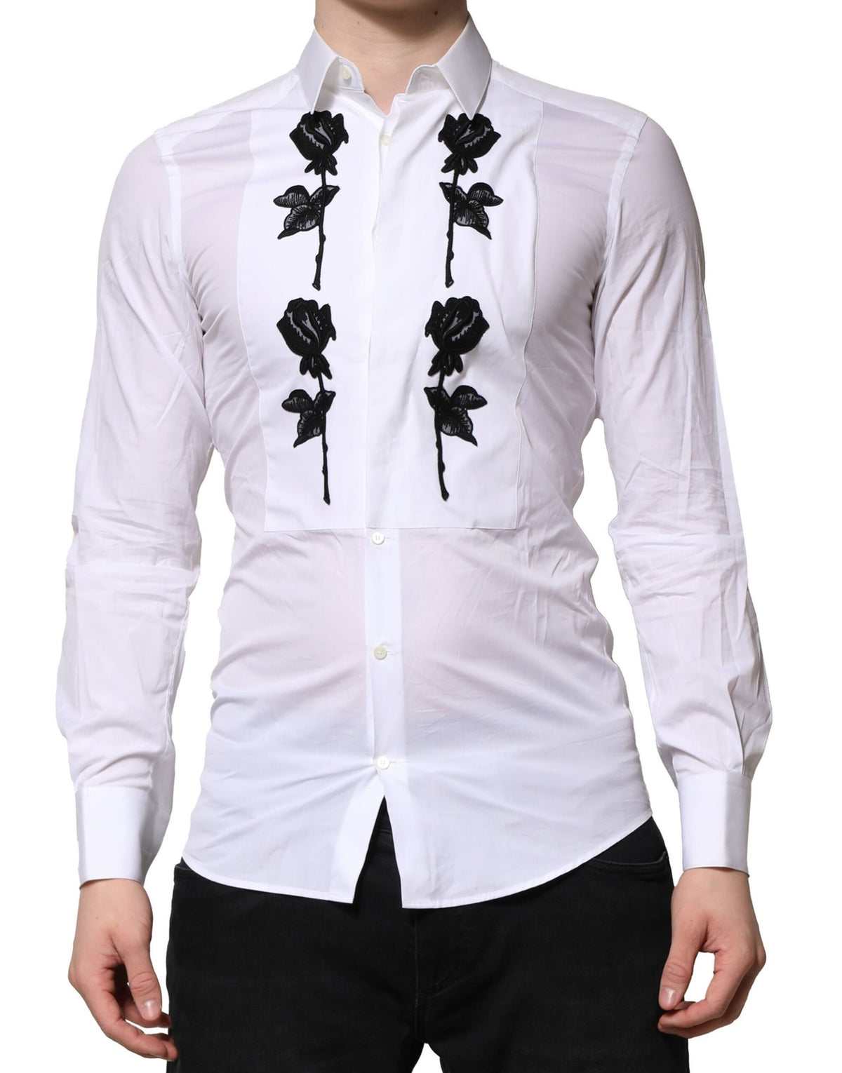 Chemise habillée homme dorée Dolce &amp; Gabbana, broderies florales blanches.