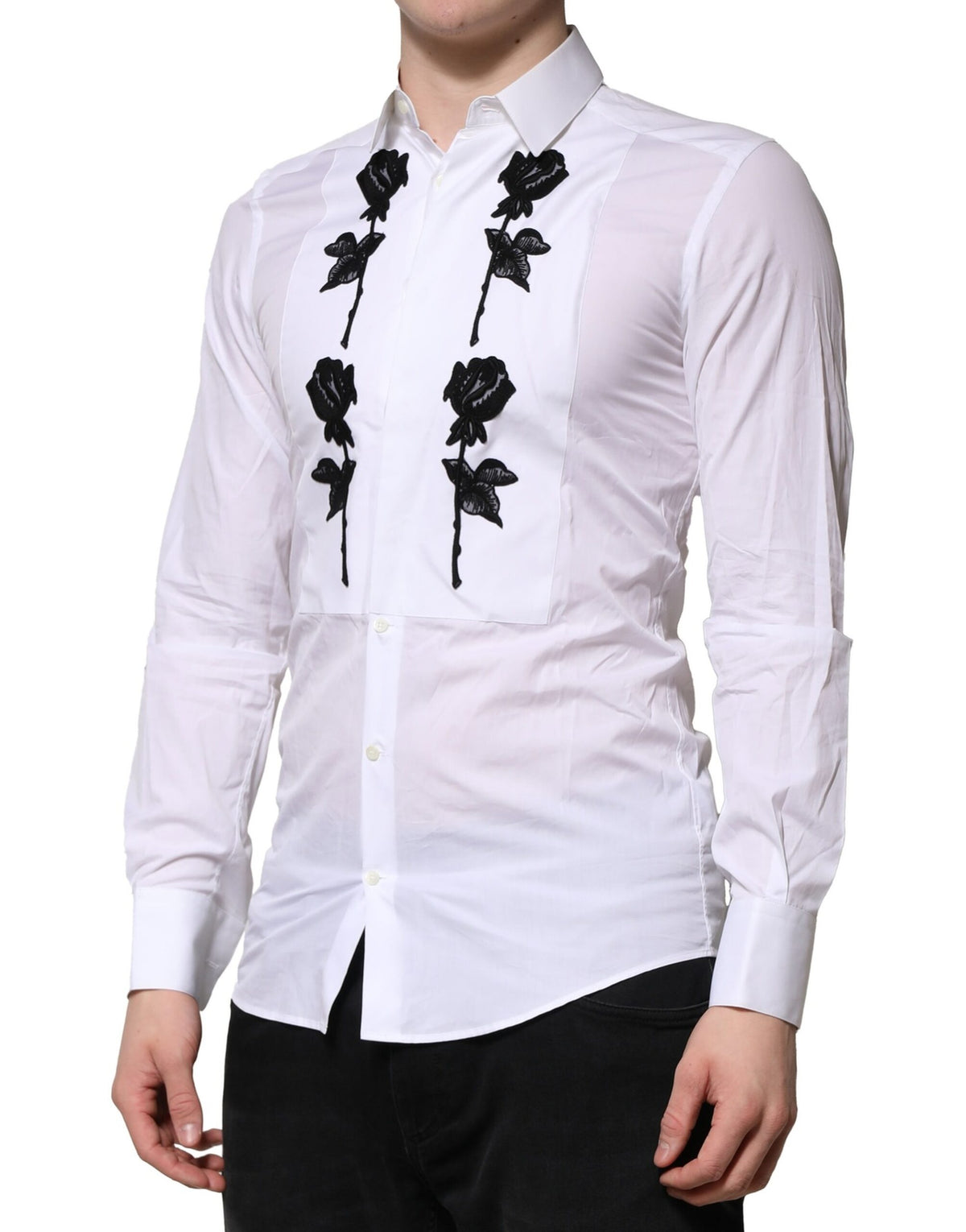 Chemise habillée homme dorée Dolce &amp; Gabbana, broderies florales blanches.
