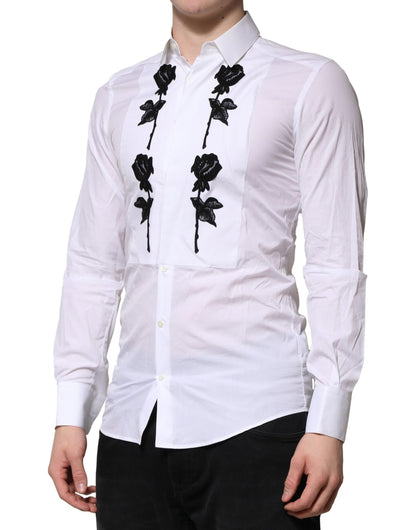 Dolce & Gabbana White Floral Embroidery Men GOLD Formal Shirt