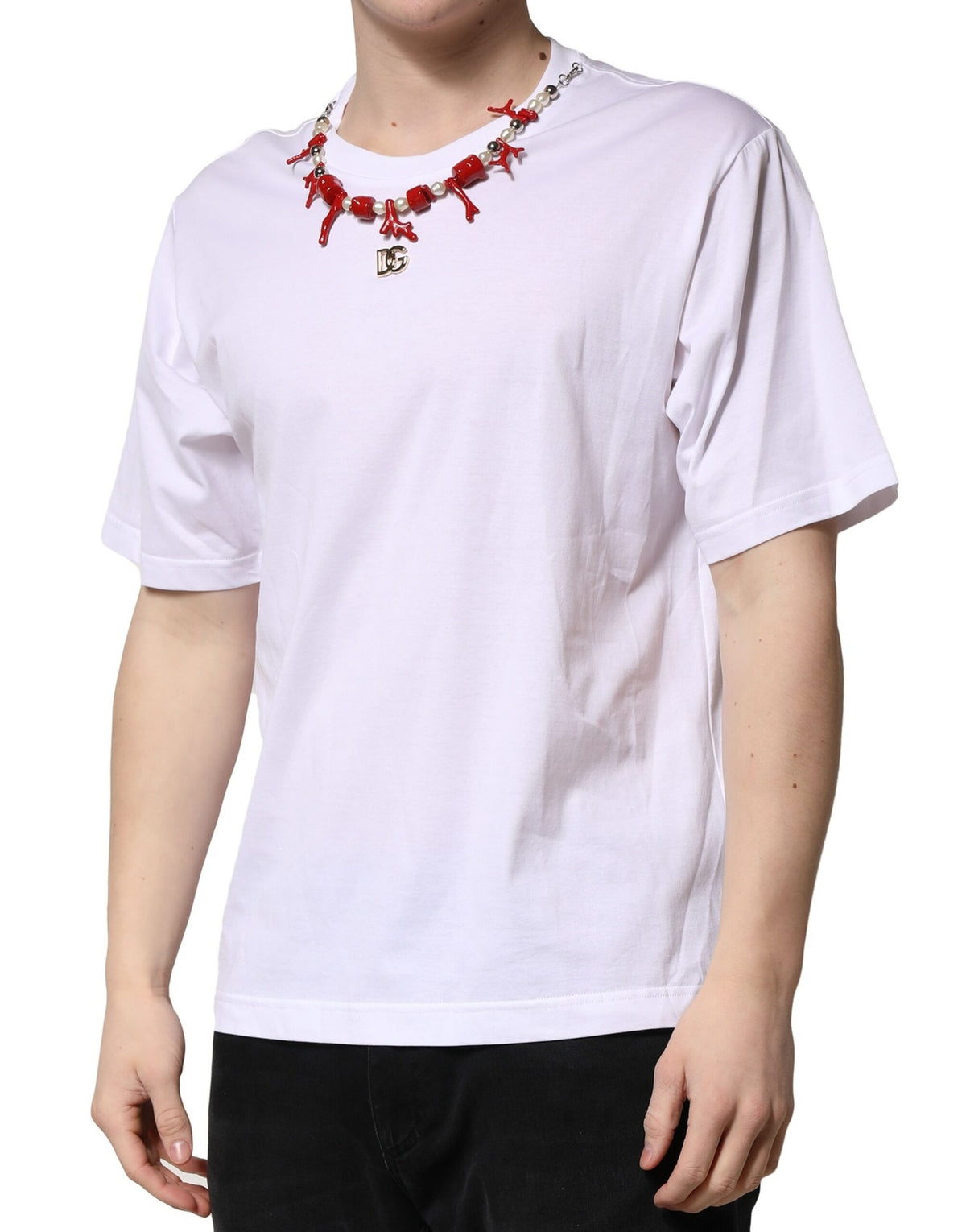 T-shirt blanc en coton à col rond et ornements de Dolce &amp; Gabbana