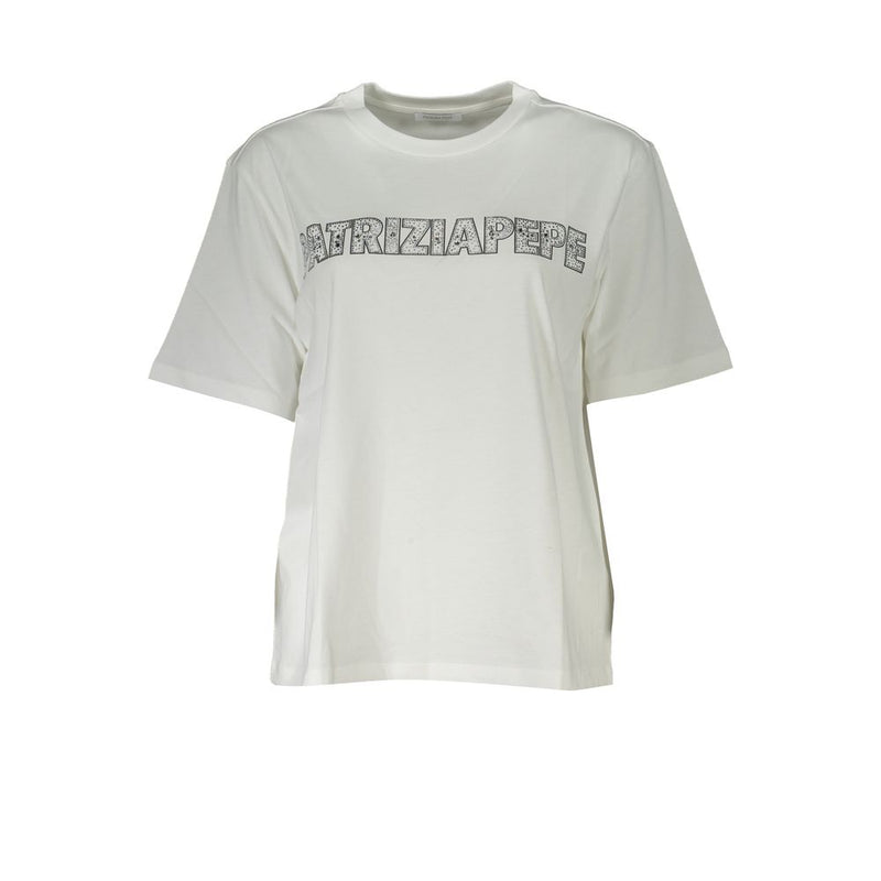 Patrizia Pepe T-Shirt Femme Blanc en Coton avec Détails en Strass