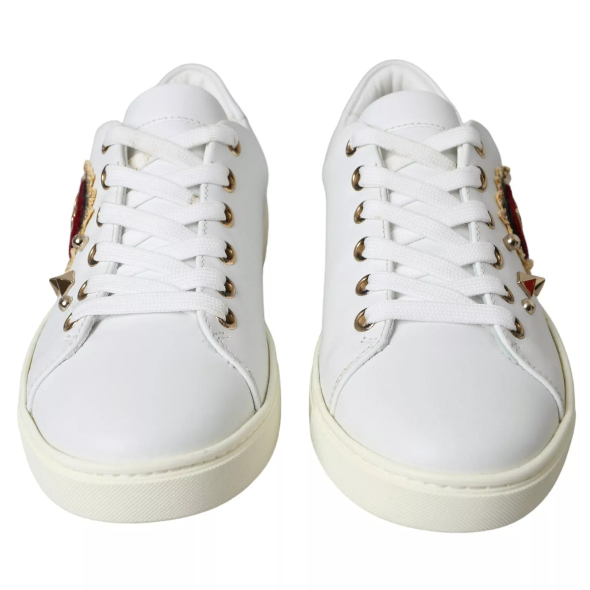 Dolce & Gabbana Portofino Sneakers en Cuir Blanc avec Coeur Rouge et Or