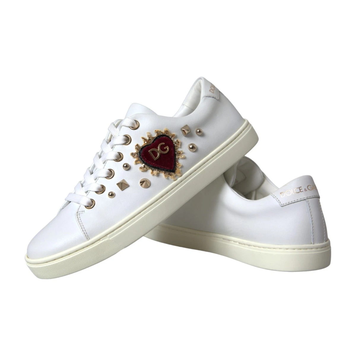 Dolce & Gabbana Portofino Sneakers en Cuir Blanc avec Coeur Rouge et Or
