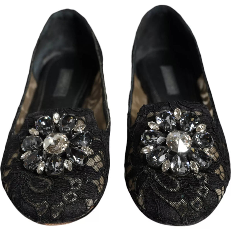 Dolce & Gabbana Black Lace Crystal Ballet Flats