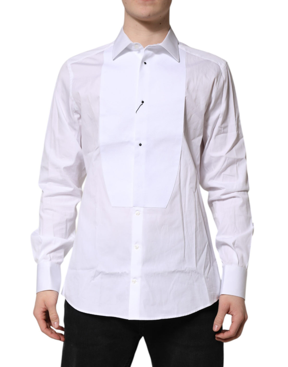 Chemise habillée pour homme en popeline de soie blanche à collet italien, dorée, Dolce &amp; Gabbana.