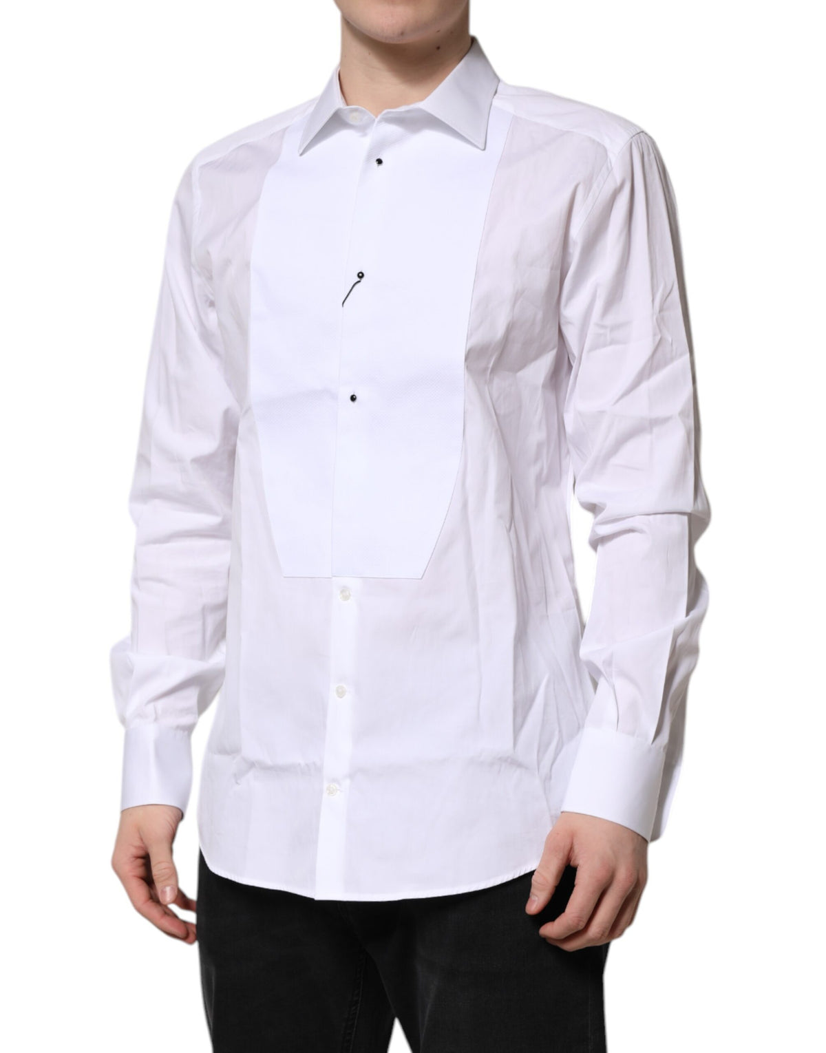 Chemise habillée pour homme en popeline de soie blanche à collet italien, dorée, Dolce &amp; Gabbana.
