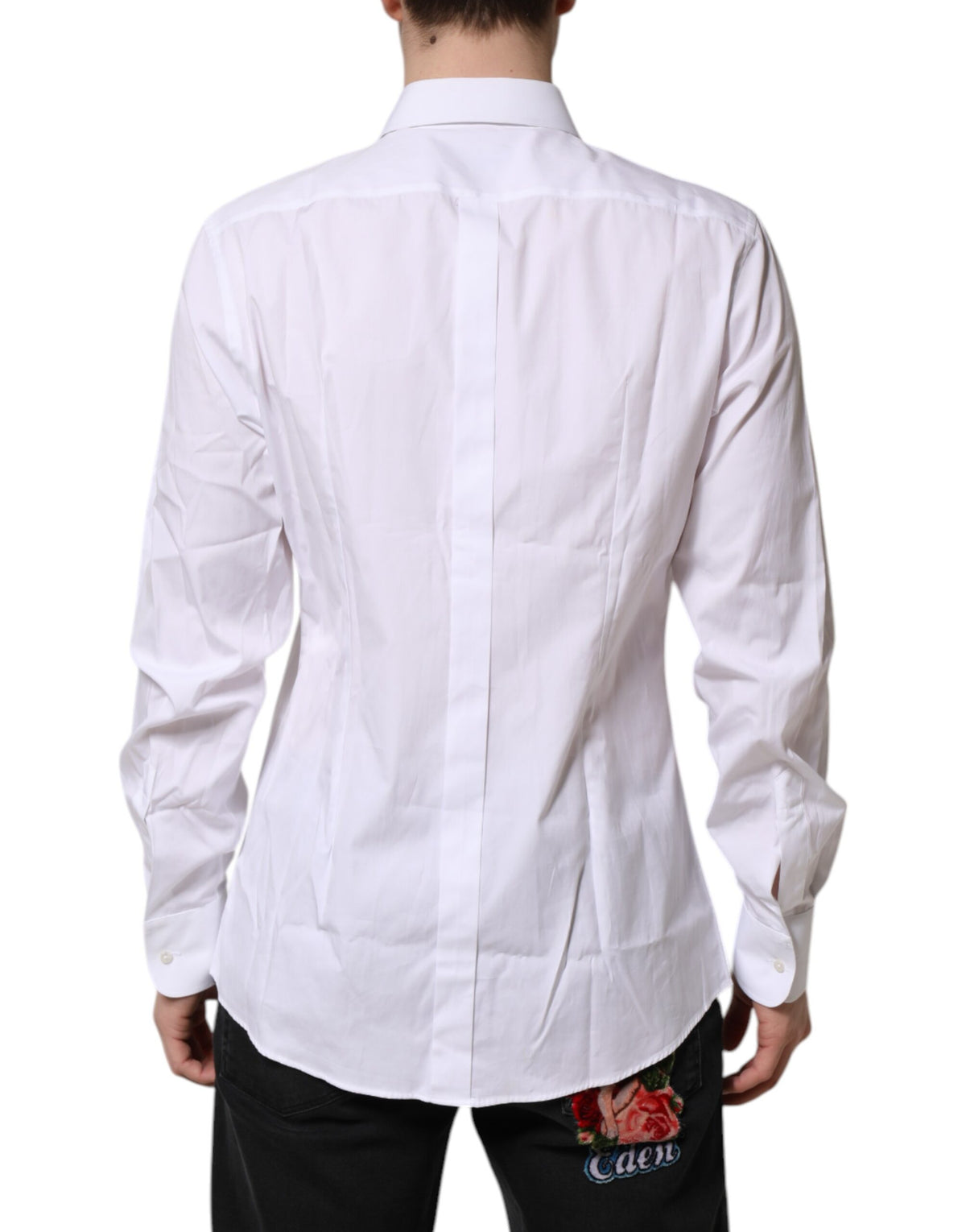 Chemise habillée pour homme en popeline de soie blanche à collet italien, dorée, Dolce &amp; Gabbana.